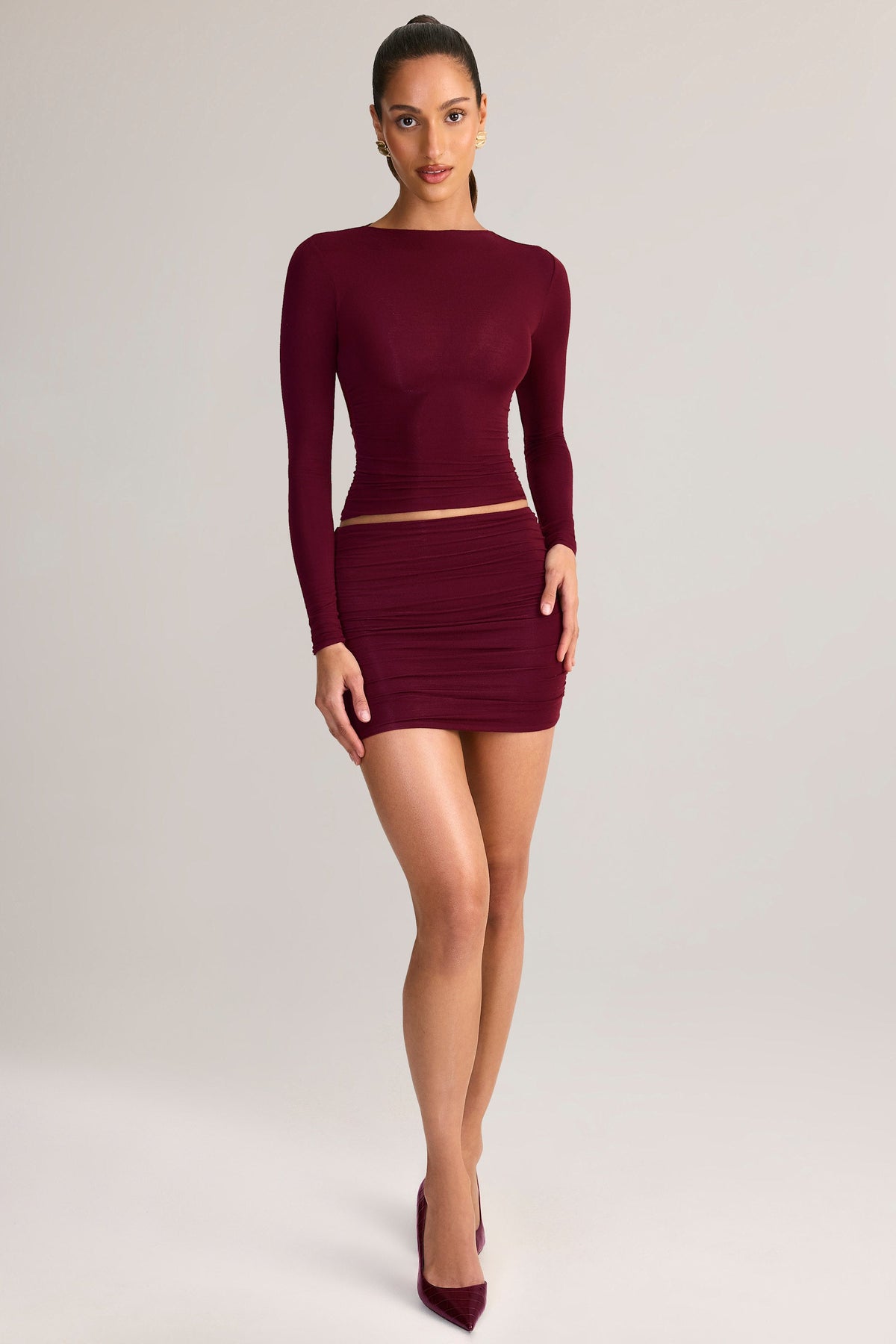 Chic Modal Ruched Mid-Rise Mini Skirt in Wine Red