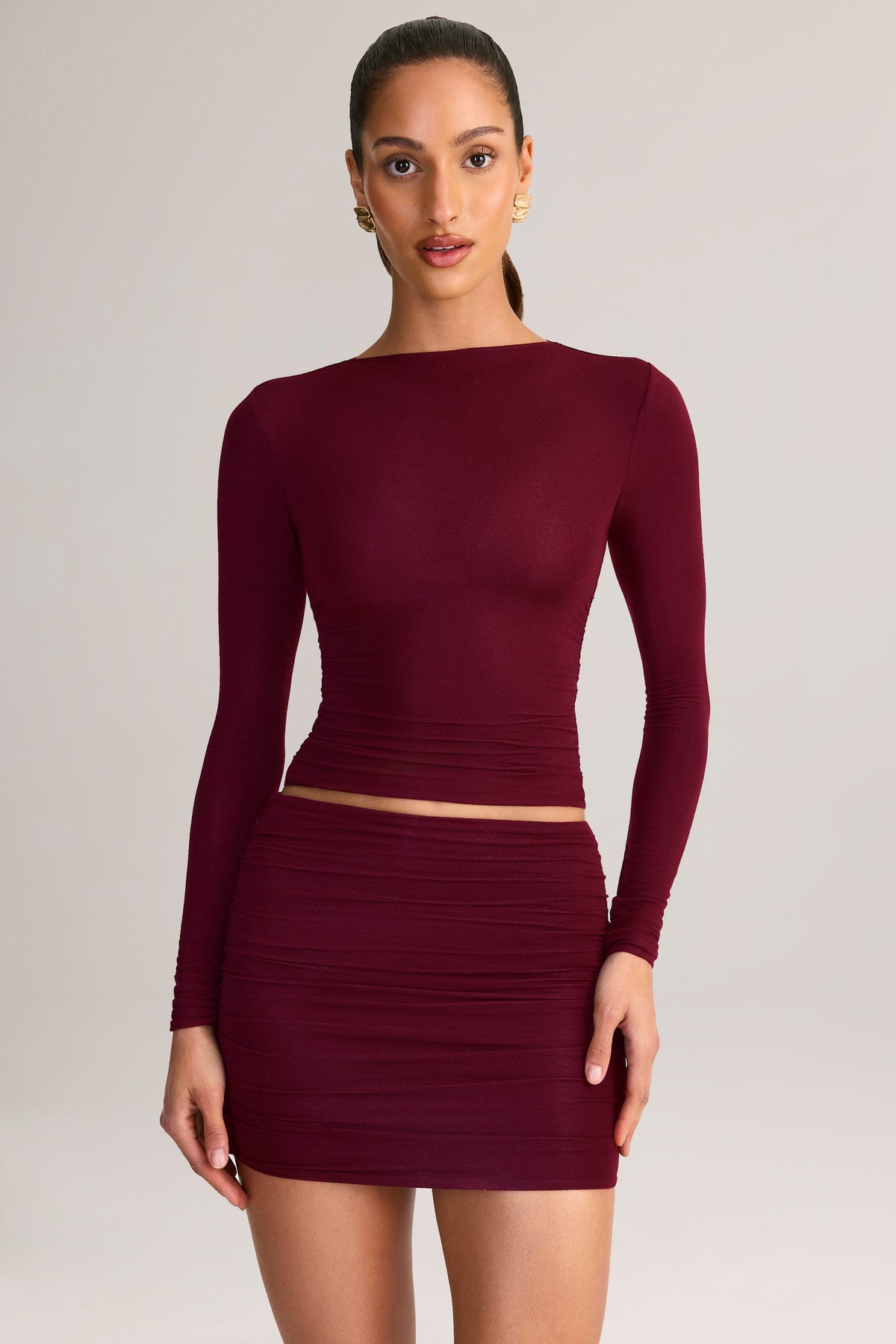 Chic Modal Ruched Mid-Rise Mini Skirt in Wine Red