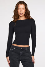 Chic Ribbed Modal Ruched Long-Sleeve Top in Black