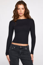 Chic Ribbed Modal Ruched Long-Sleeve Top in Black