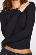 Chic Ribbed Modal Ruched Long-Sleeve Top in Black