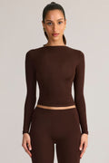Chic Modal Ruched Long-Sleeve Top in Chocolate Brown