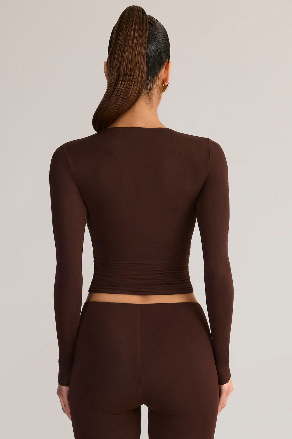 Chic Modal Ruched Long-Sleeve Top in Chocolate Brown