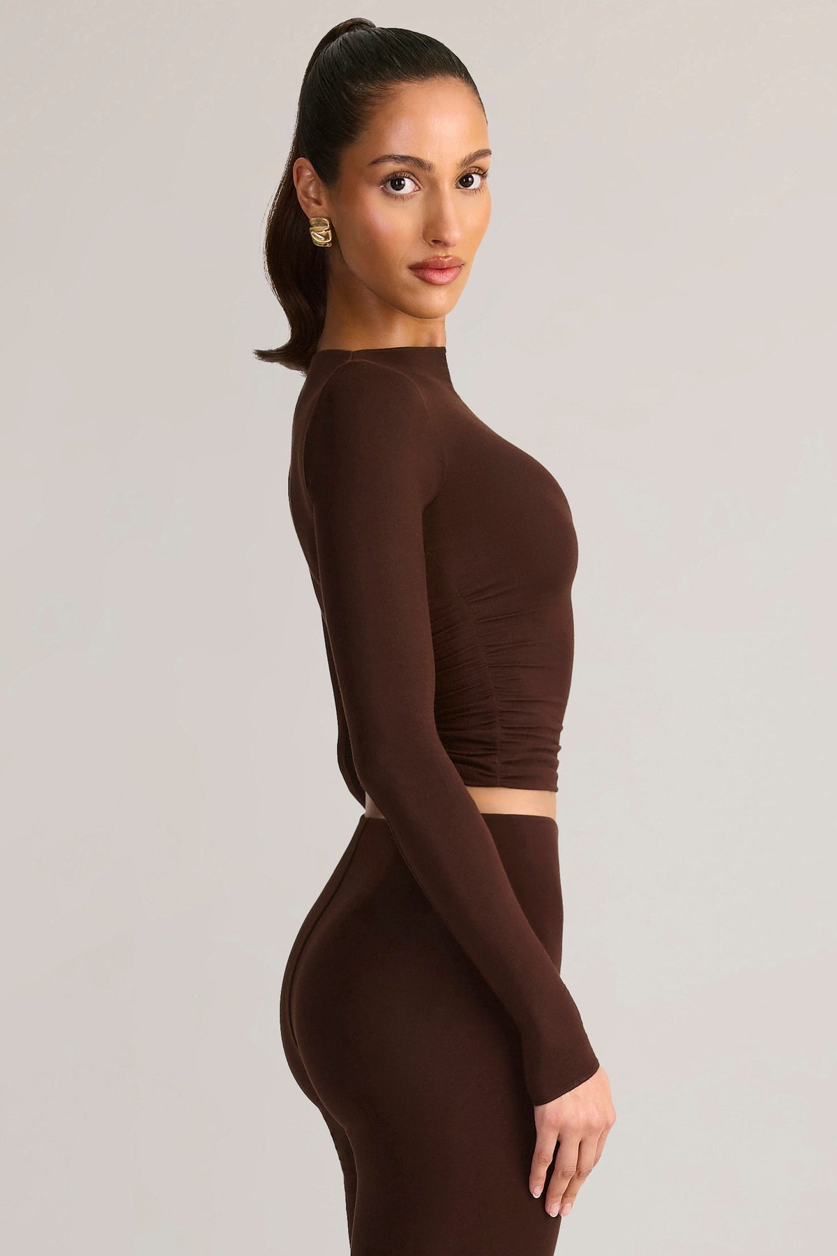 Chic Modal Ruched Long-Sleeve Top in Chocolate Brown