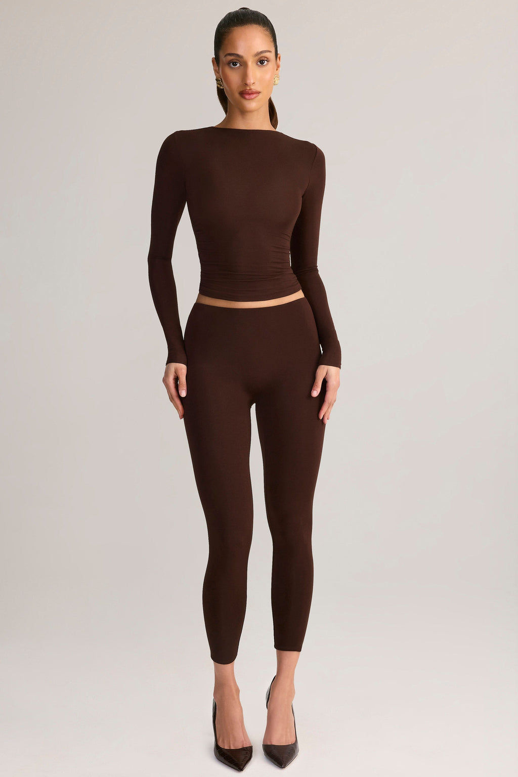 Chic Modal Ruched Long-Sleeve Top in Chocolate Brown