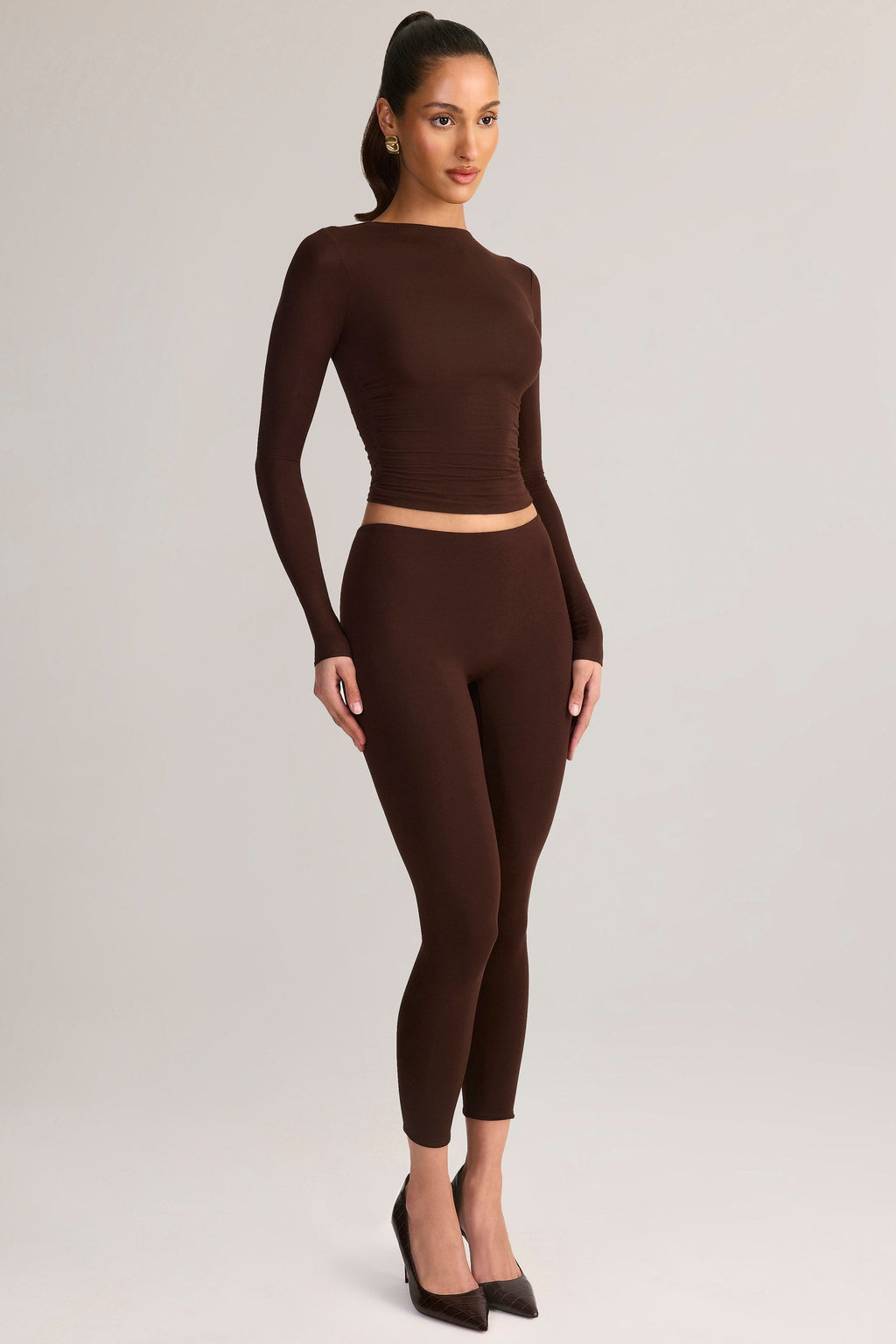 Chic Modal Ruched Long-Sleeve Top in Chocolate Brown