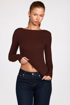 Chic Ribbed Modal Ruched Long-Sleeve Top in Chocolate Brown