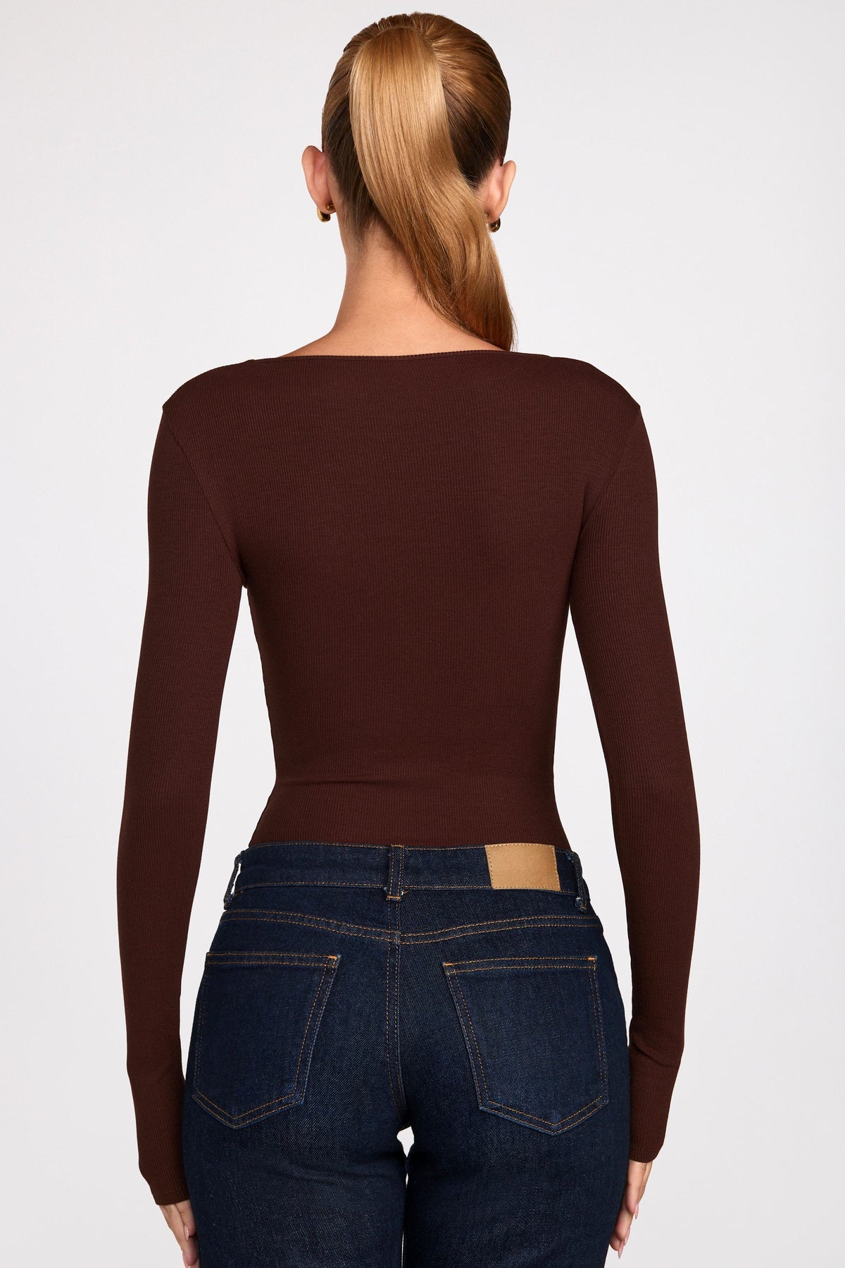 Chic Ribbed Modal Ruched Long-Sleeve Top in Chocolate Brown