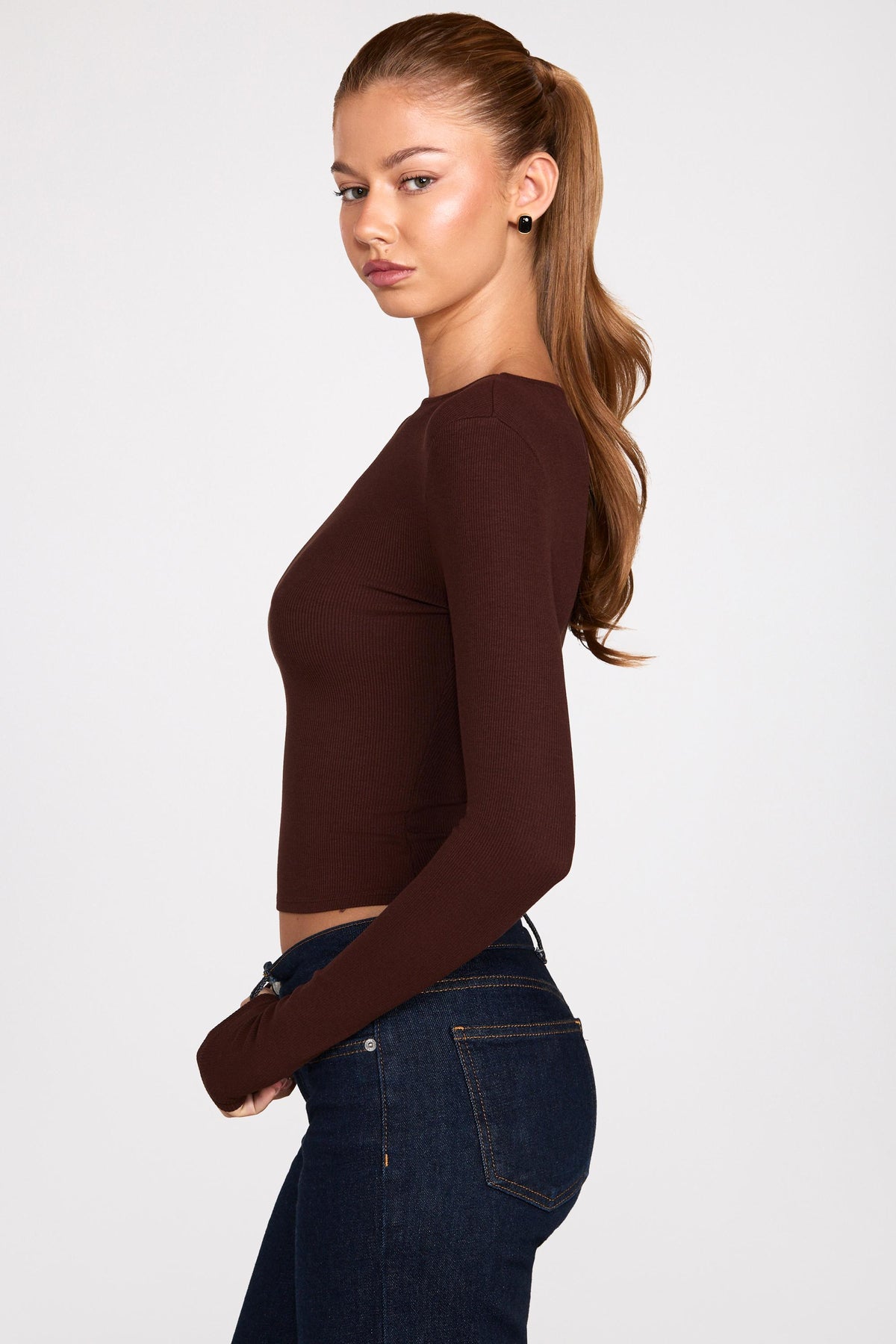 Chic Ribbed Modal Ruched Long-Sleeve Top in Chocolate Brown