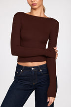 Chic Ribbed Modal Ruched Long-Sleeve Top in Chocolate Brown