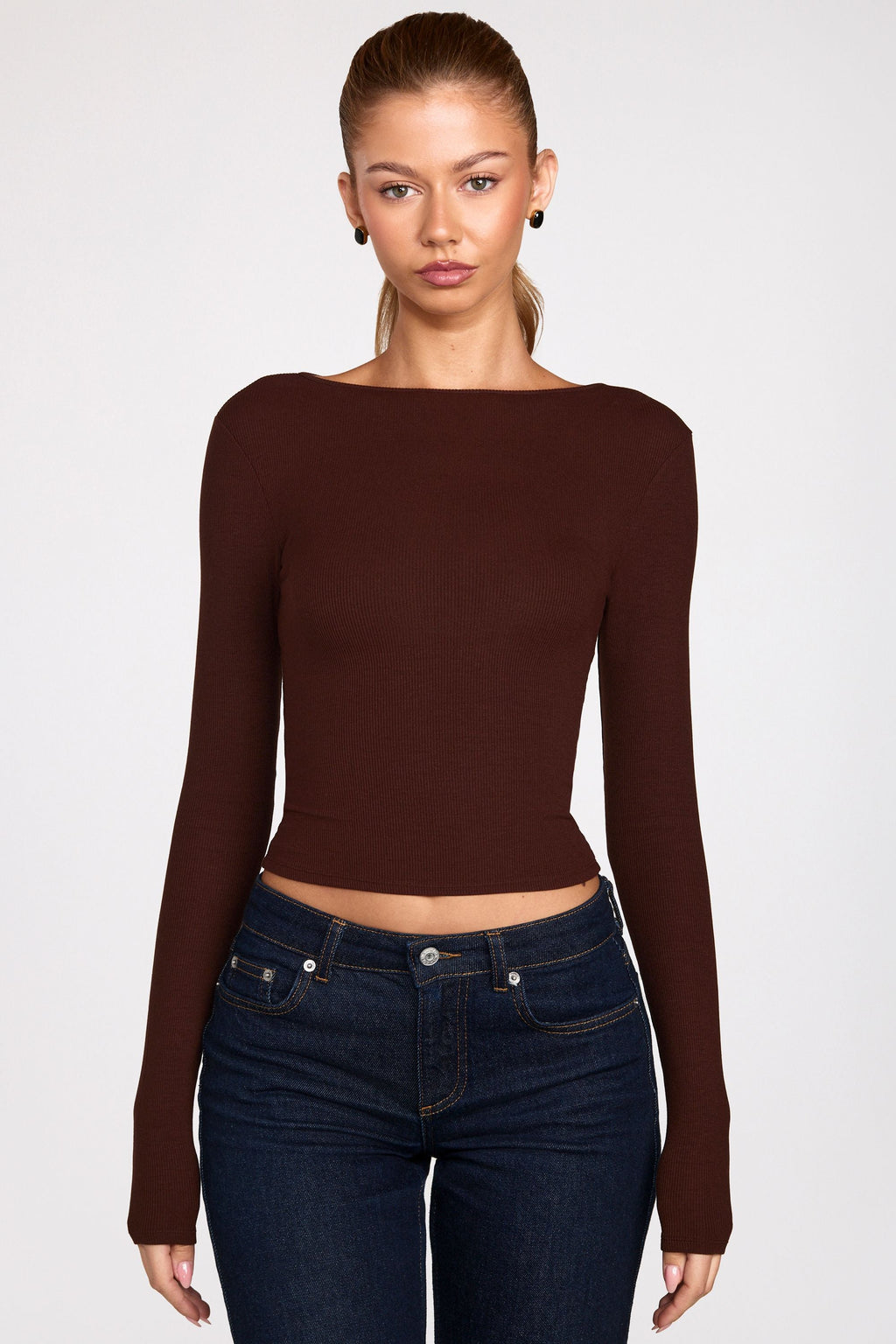 Chic Ribbed Modal Ruched Long-Sleeve Top in Chocolate Brown