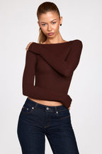 Chic Ribbed Modal Ruched Long-Sleeve Top in Chocolate Brown