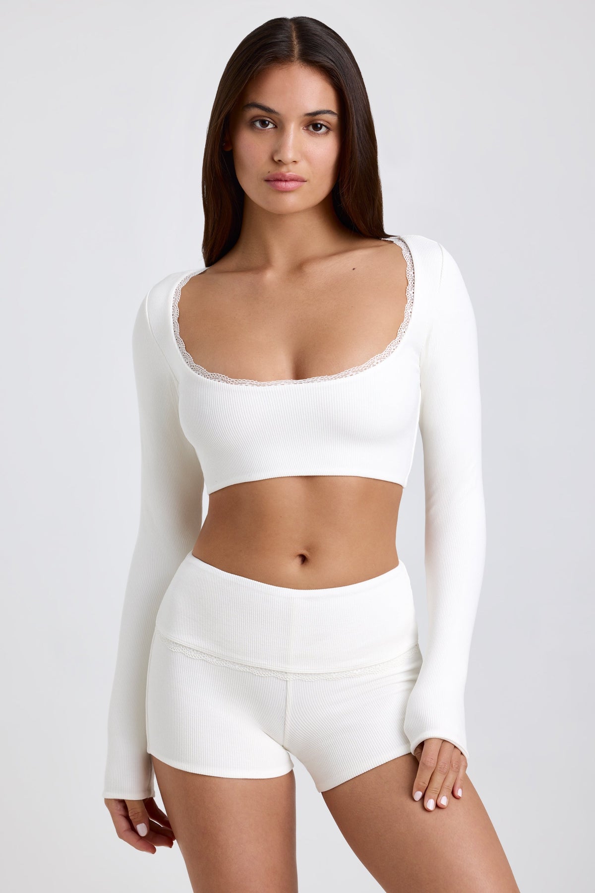 Chic Ribbed Modal Lace-Trim Crop Top in White
