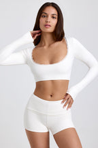 Chic Ribbed Modal Lace-Trim Crop Top in White