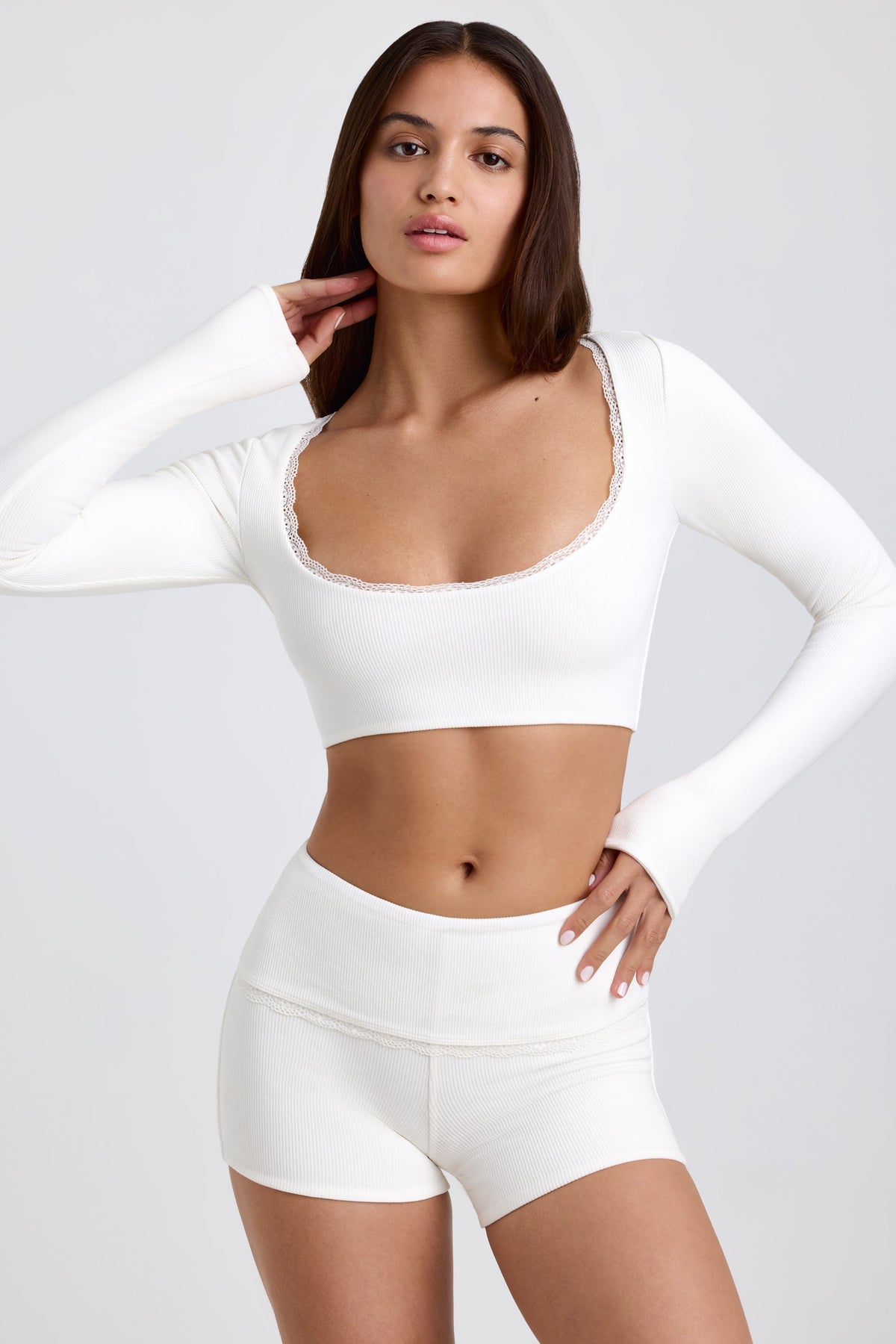 Chic Ribbed Modal Lace-Trim Crop Top in White