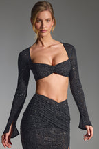Chic Embellished Long-Sleeve Crop Top in Black