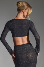 Chic Embellished Long-Sleeve Crop Top in Black