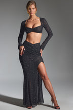 Chic Embellished Long-Sleeve Crop Top in Black