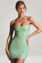 Chic Embellished Bodycon Mini Dress in Matcha