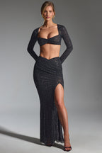 Chic Embellished Ruched Maxi Skirt in Black