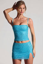 Chic Embellished Mid-Rise Micro Mini Skirt in Aqua Blue