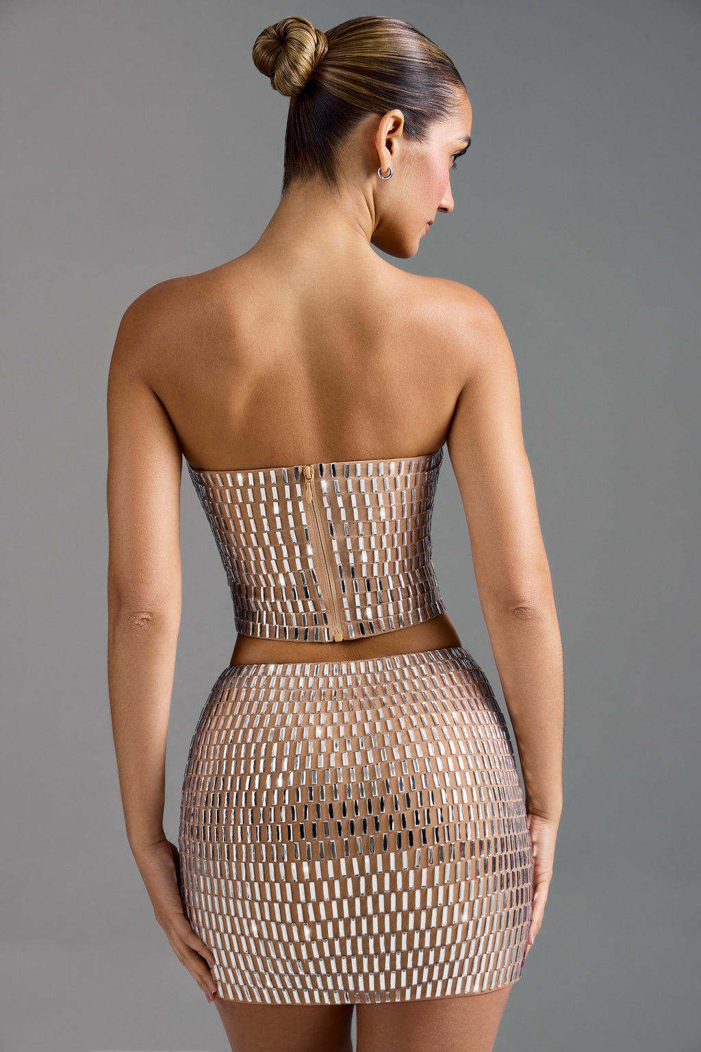 Chic Embellished Low-Rise Micro Mini Skirt in Almond