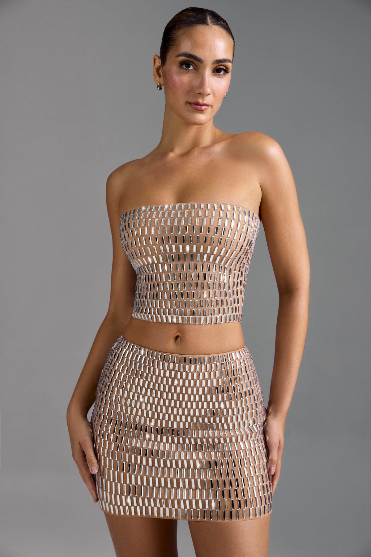 Chic Embellished Low-Rise Micro Mini Skirt in Almond