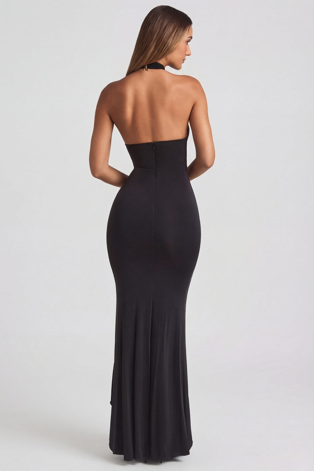 Chic Ruffle-Trim Halterneck Gown in Black