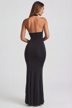 Chic Ruffle-Trim Halterneck Gown in Black