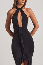 Chic Ruffle-Trim Halterneck Gown in Black