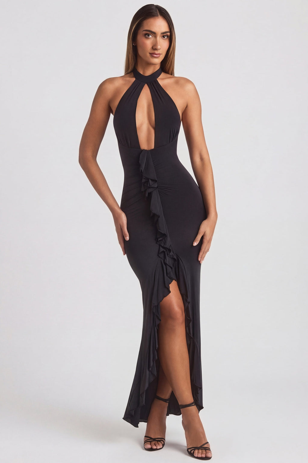 Chic Ruffle-Trim Halterneck Gown in Black