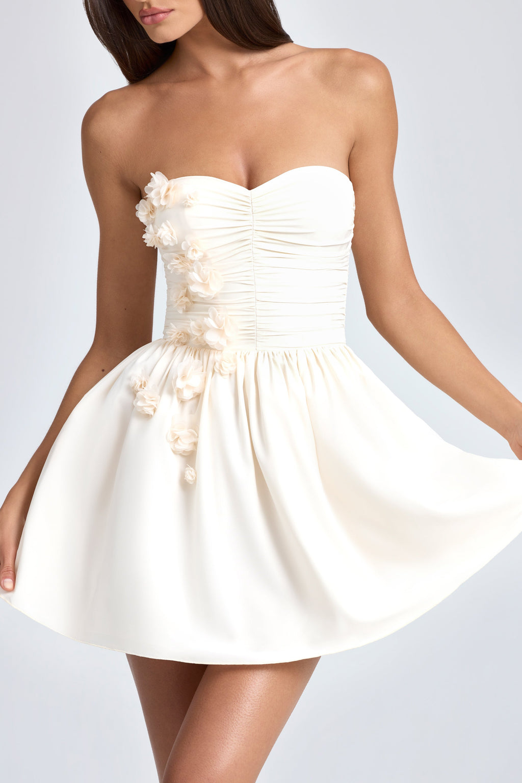 Chic Bandeau Floral-Appliqué Corset Mini Dress in Ivory