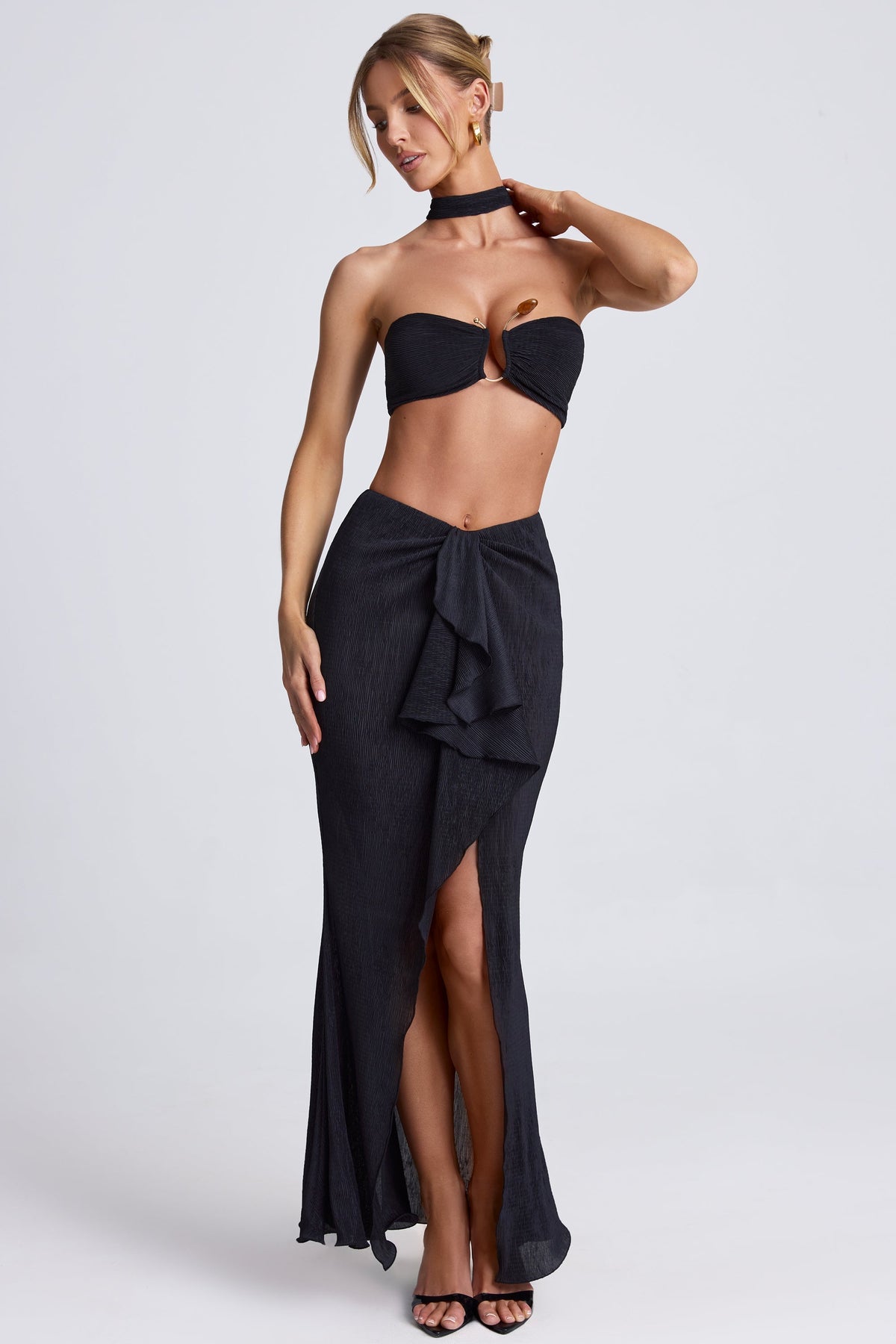 Chic Ruffle-Trim Maxi Skirt in Black