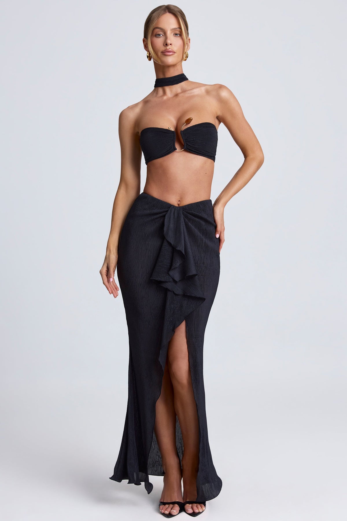 Chic Ruffle-Trim Maxi Skirt in Black
