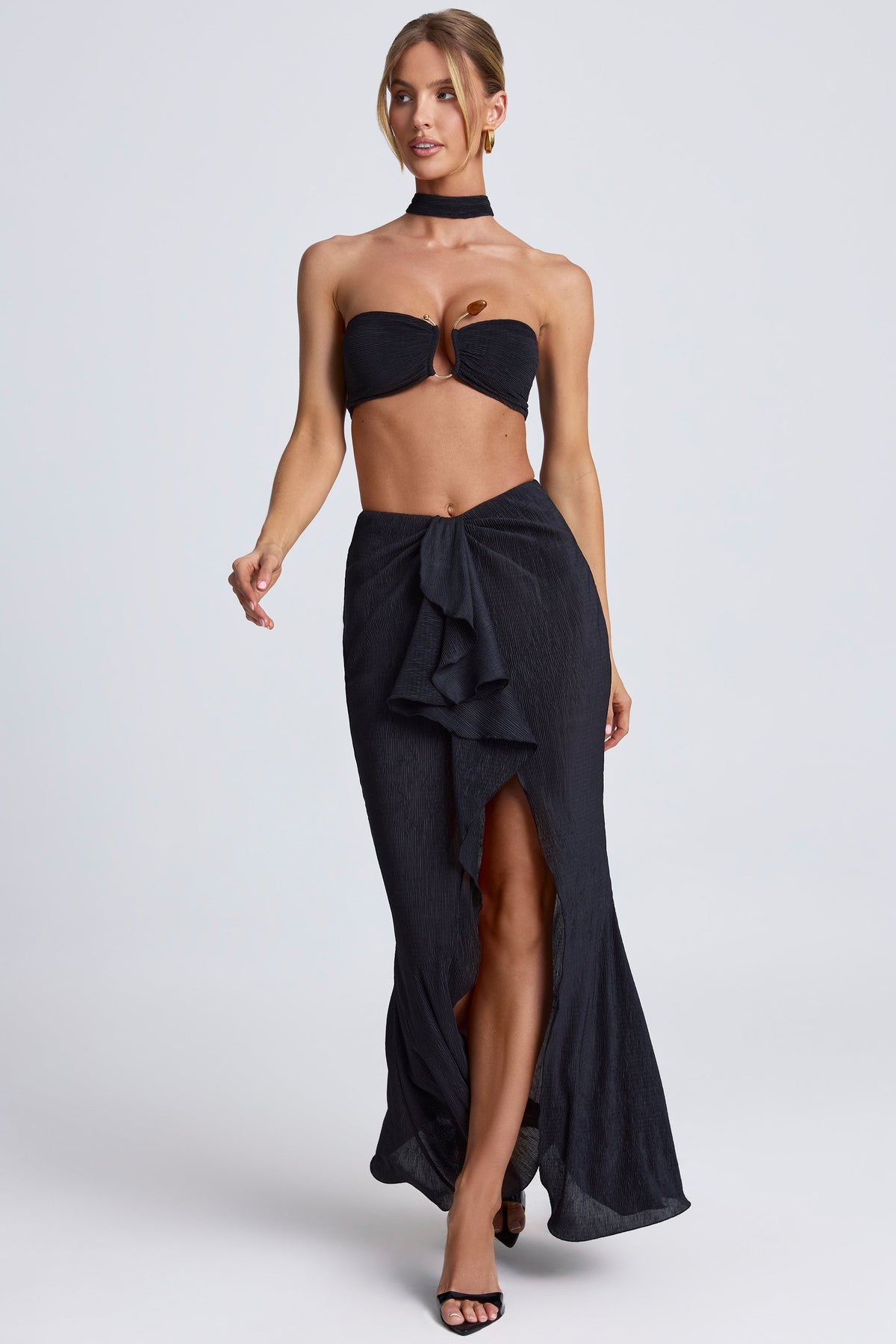 Chic Ruffle-Trim Maxi Skirt in Black