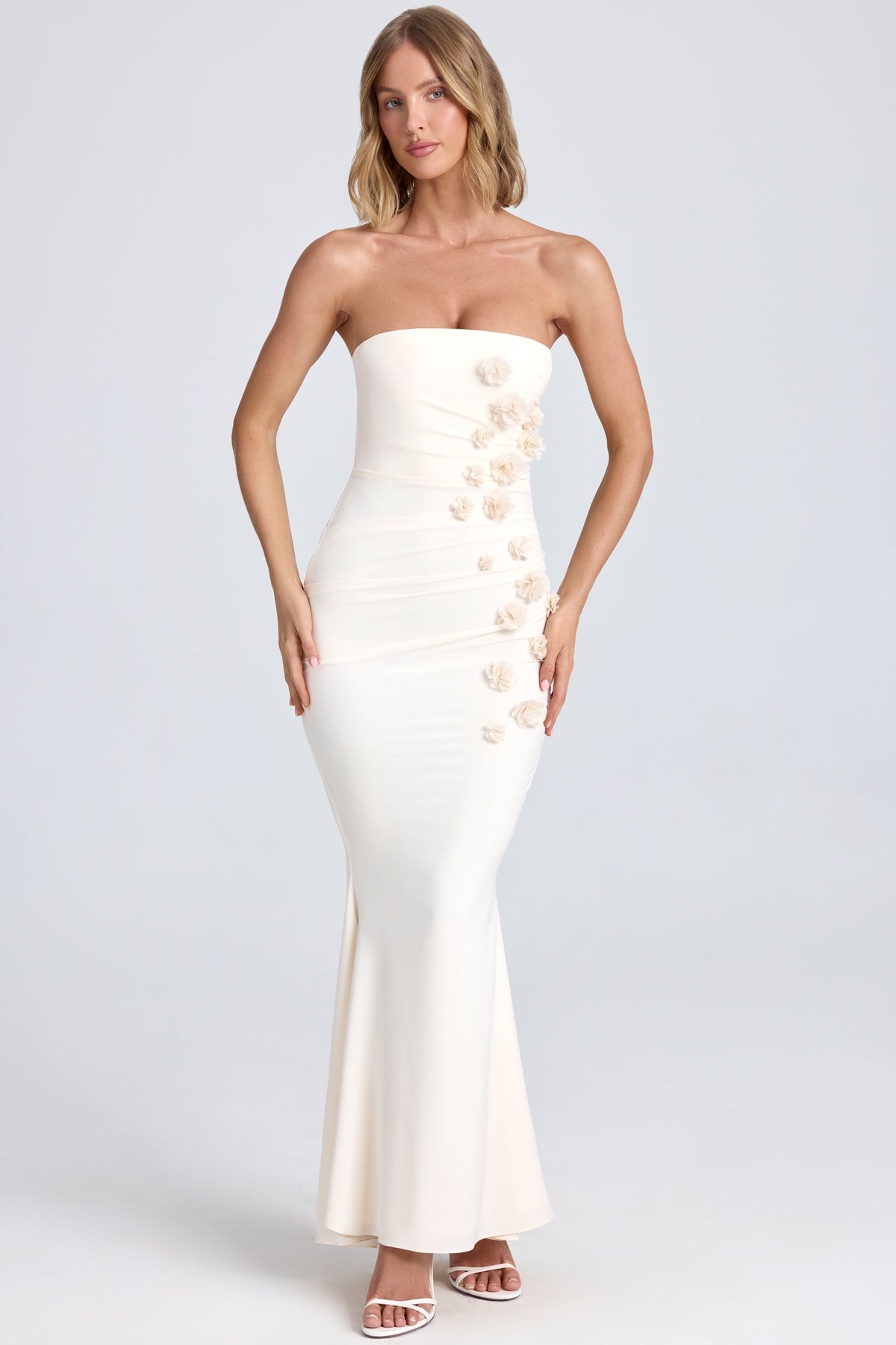 Chic Draped Floral-Appliqué Maxi Dress in Ivory