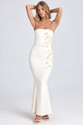 Chic Draped Floral-Appliqué Maxi Dress in Ivory