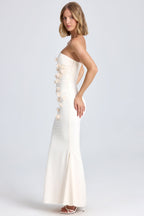 Chic Draped Floral-Appliqué Maxi Dress in Ivory