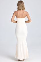 Chic Draped Floral-Appliqué Maxi Dress in Ivory