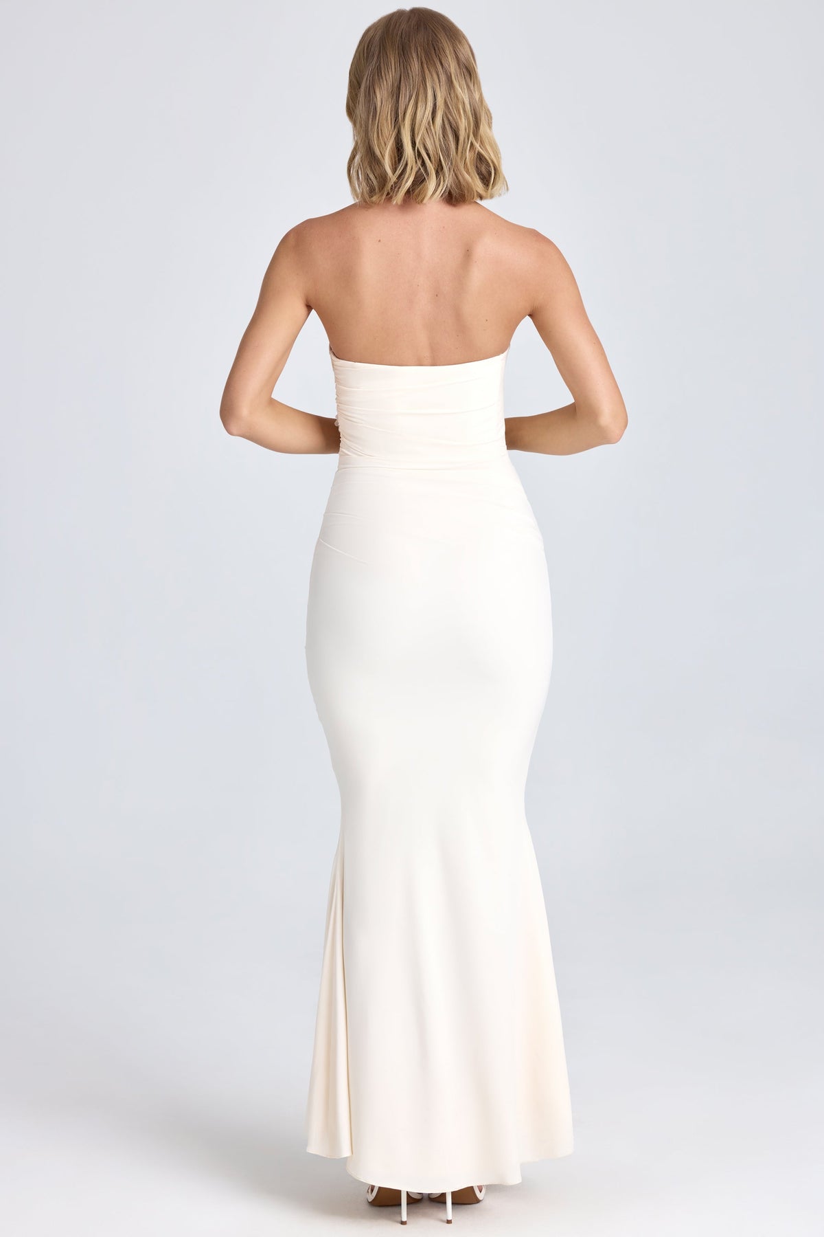 Chic Draped Floral-Appliqué Maxi Dress in Ivory