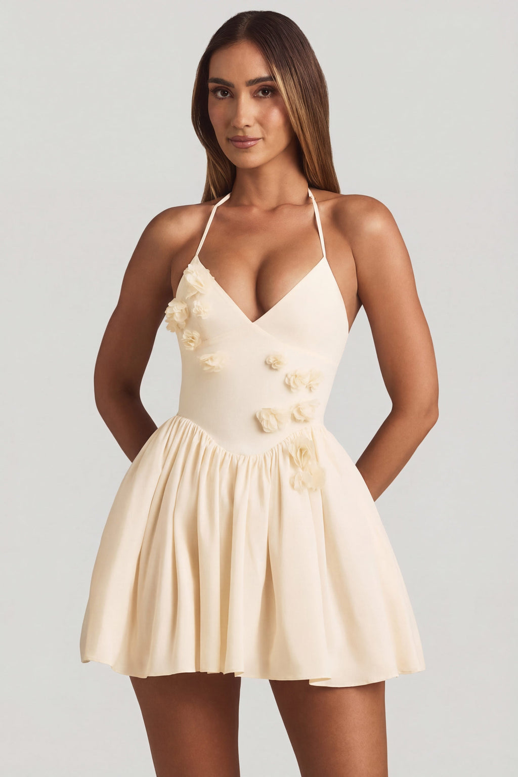 Chic Halterneck Floral-Appliqué Corset Mini Dress in Ivory