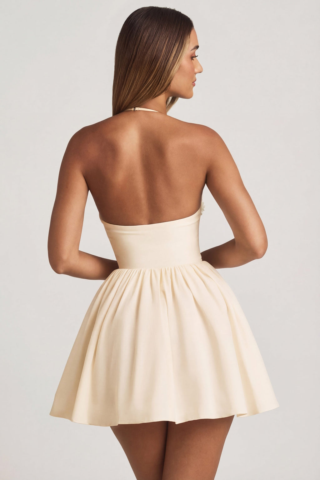 Chic Halterneck Floral-Appliqué Corset Mini Dress in Ivory