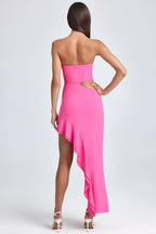 Chic Bandeau Cut-Out Ruffle-Trim Maxi Dress in Lollipop Pink