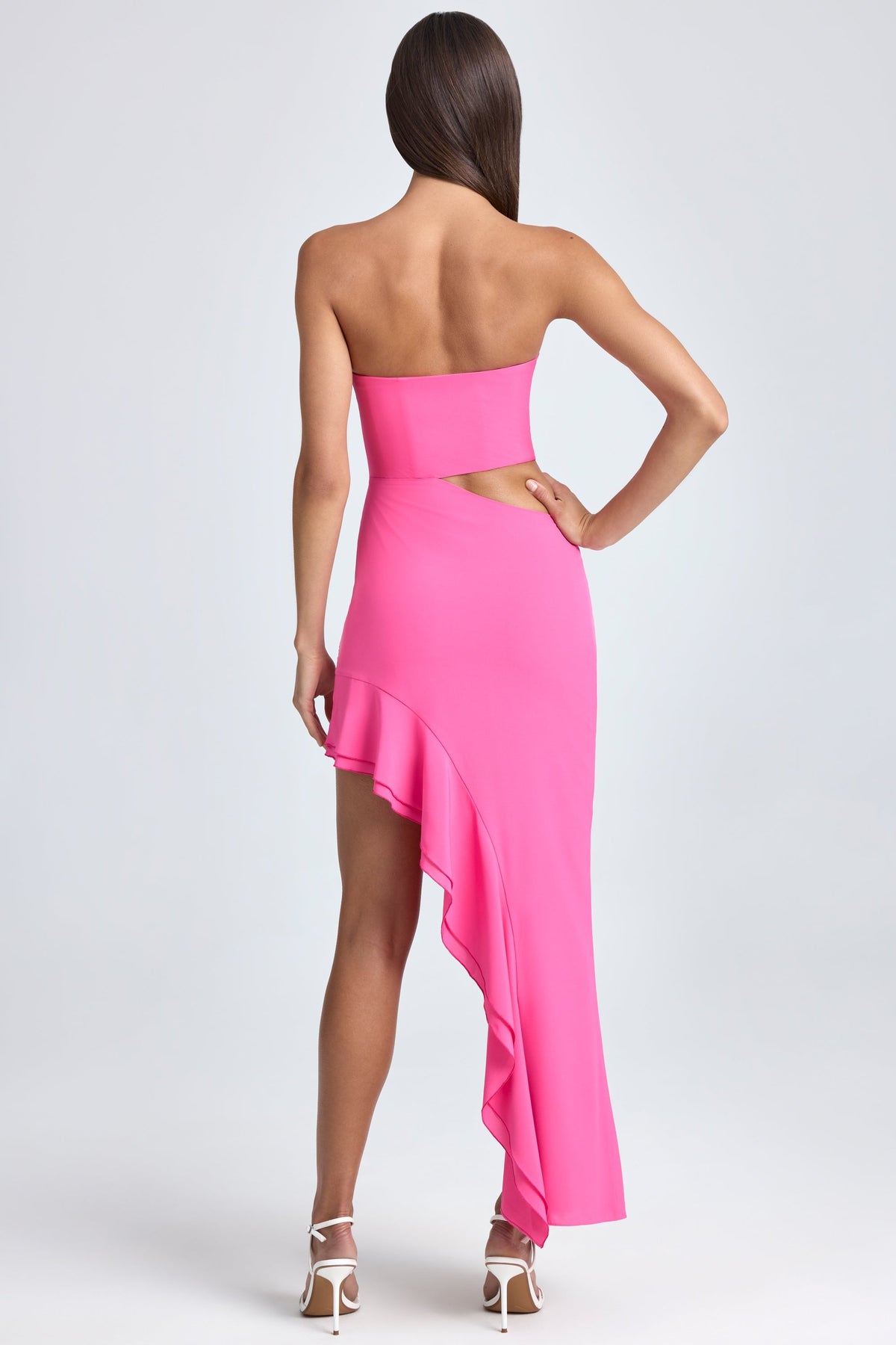 Chic Bandeau Cut-Out Ruffle-Trim Maxi Dress in Lollipop Pink