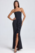 Chic Bandeau Ruffle-Trim Corset Gown in Black