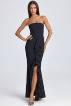 Chic Bandeau Ruffle-Trim Corset Gown in Black