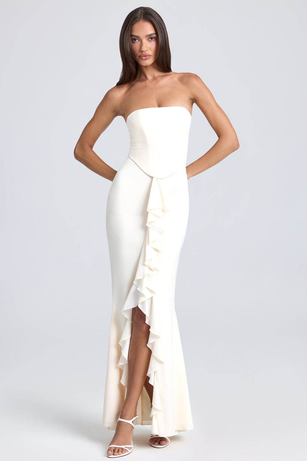 Chic Bandeau Ruffle-Trim Corset Gown in Ivory