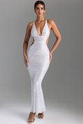 Chic Embellished Cut-Out Backless Maxi Dress in White