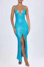 Chic Embellished Cut-Out Halterneck Maxi Dress in Turquoise