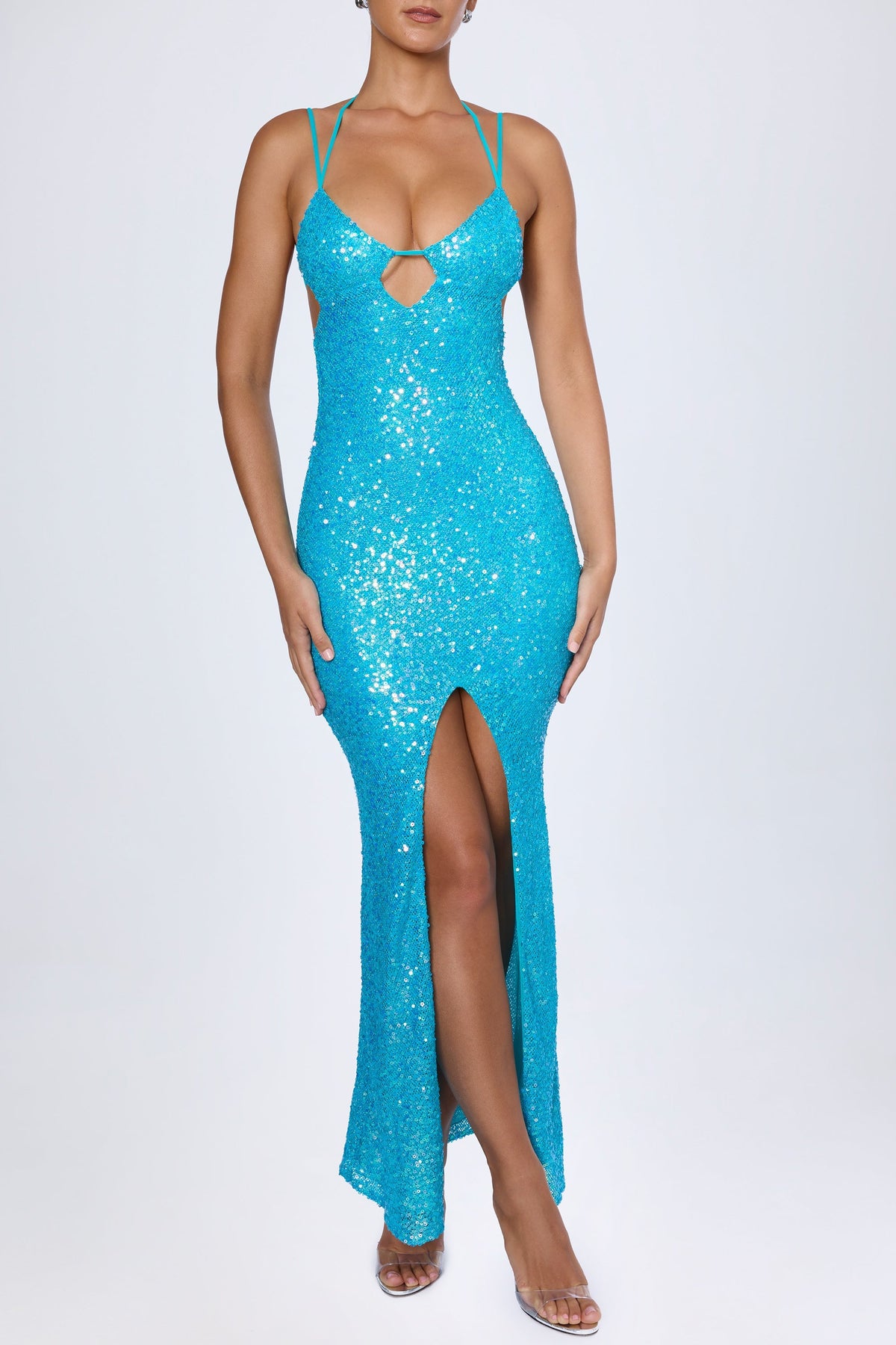 Chic Embellished Cut-Out Halterneck Maxi Dress in Turquoise